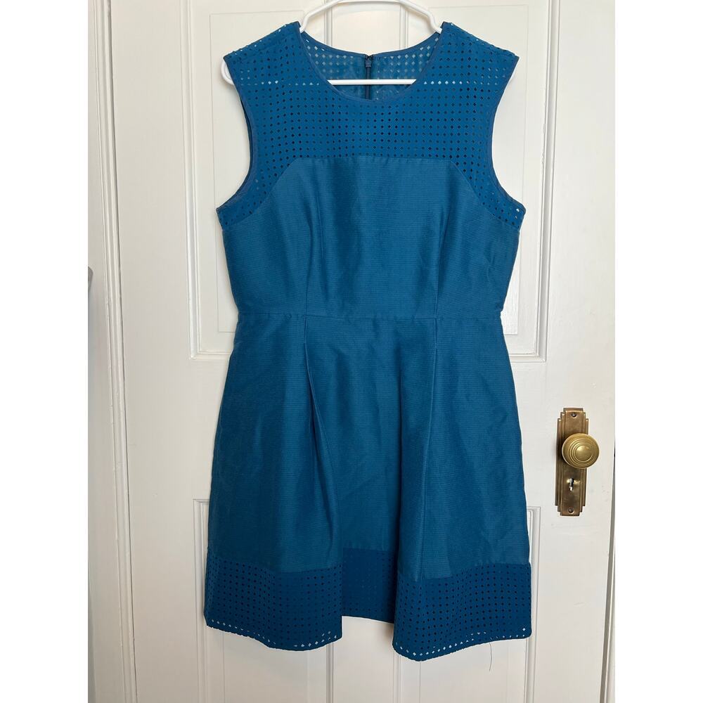 J.Crew Women's 10 Perforated Fit and Flare Dress Peacock Blue Silk Blend Mini